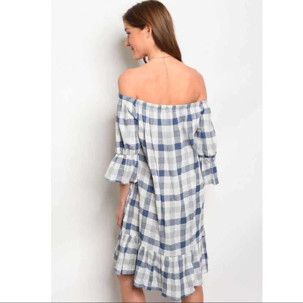 Off The Shoulder Blue Buffalo check Dress - Picture 2 of 4